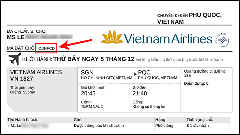 Mã đặt chỗ vé máy bay