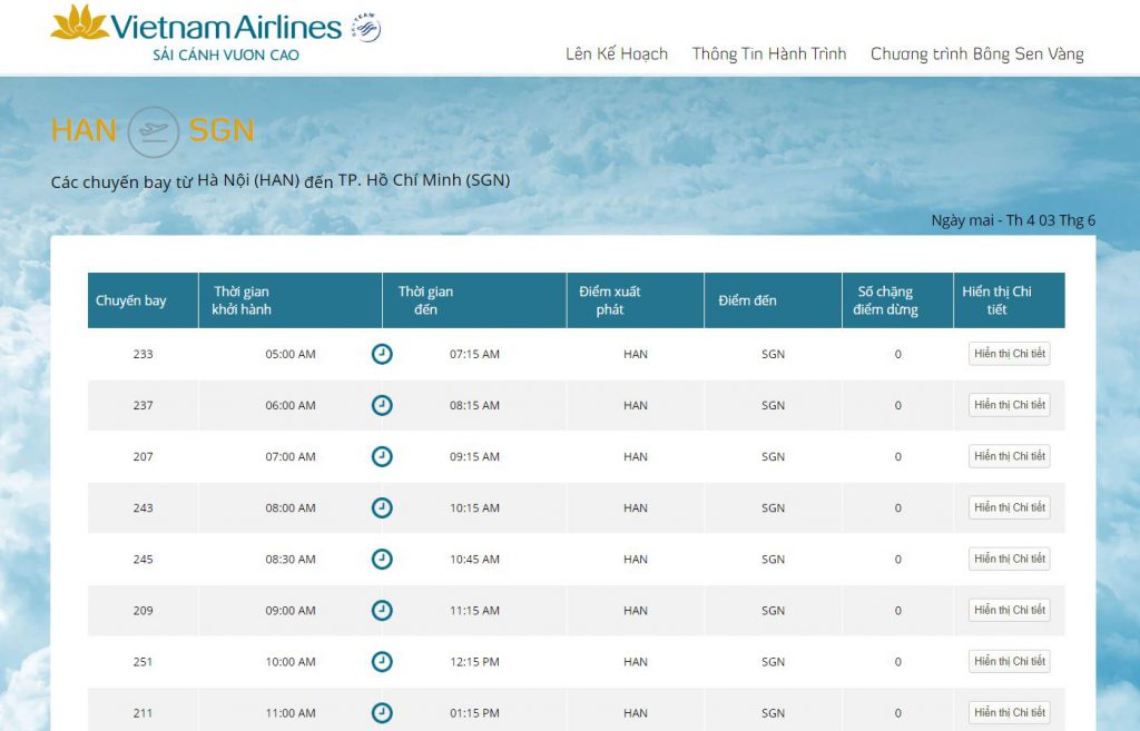 Tra cứu các chuyến bay từ Hà Nội đến Sài Gòn 